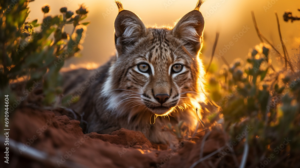 Fototapeta premium Iberian Lynx Prowling at Sunset: The Iberian lynx, the most endangered wild cat species, captured in the warm glow of a sunset.