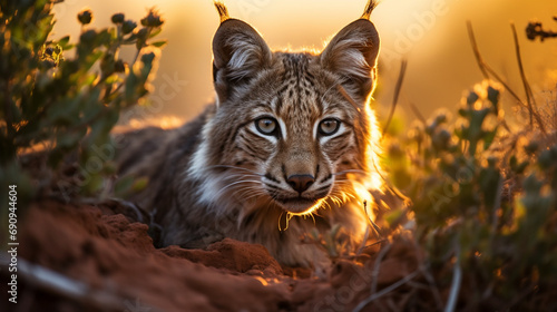 Iberian Lynx Prowling at Sunset: The Iberian lynx, the most endangered wild cat species, captured in the warm glow of a sunset. photo