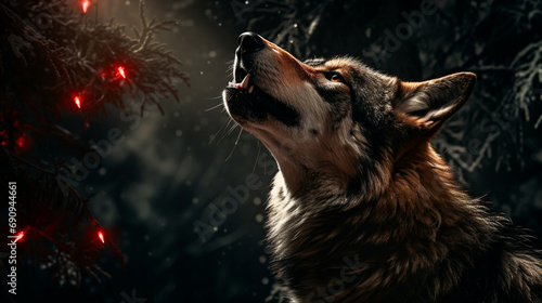 Red Wolf Howling in Moonlight: A red wolf howling beneath the moonlight, showcasing the wild spirit of this endangered species. photo