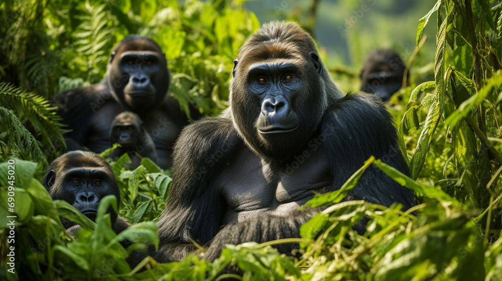 Mountain Gorilla Silverback Dominance Display: A powerful image of a mountain gorilla silverback asserting dominance within its family group.