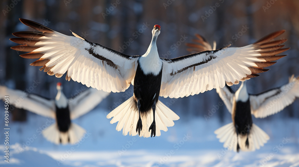 Red-Crowned Crane Family Flight: A family of red-crowned cranes in ...