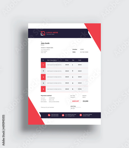 Business stationery design payment agreement design template. Minimal Corporate Business Invoice design template Bill form price invoice. Creative invoice template vector.