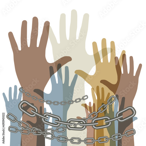 Outstretched hands chained with a metal chain. Protest. Vector illustration.