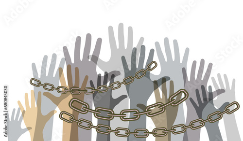 Outstretched hands chained with a metal chain. Protest. Vector illustration.