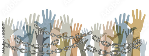 Outstretched hands chained with a metal chain. Protest. Vector illustration.