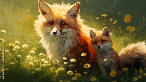 a red fox family playing among dandelions, their fur and the flowers standing out against the backdrop of a sunlit meadow.