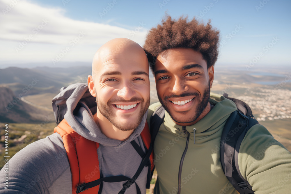 Selfie of young gay male couple on top of a mountain after hiking with the city in the background. Created with AI