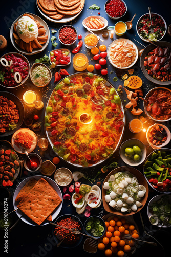 View from above of a table full of food typical of Muslim countries. Created with AI