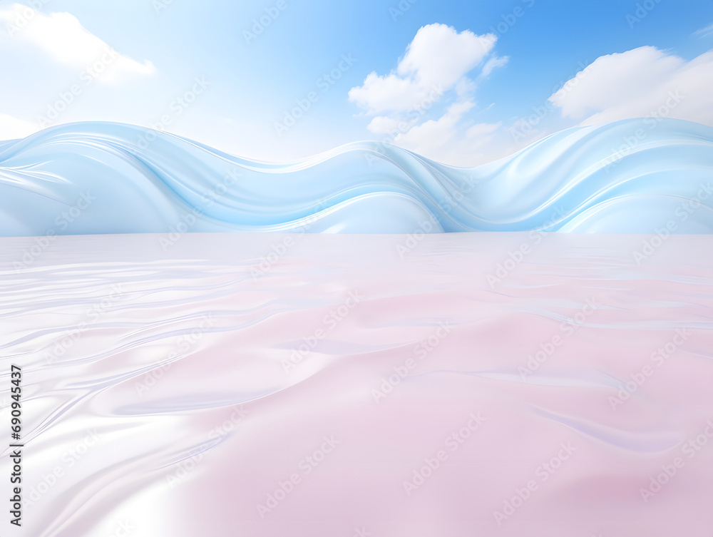 3d rendering of an abstract pink desert with a wavy blue shape background. 3d rendering of an abstract pink desert with a wavy blue shape background.