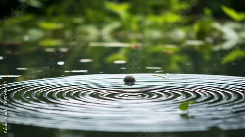 a tranquil pond's surface disturbed by a raindrop, creating concentric circles and peaceful vibrations.