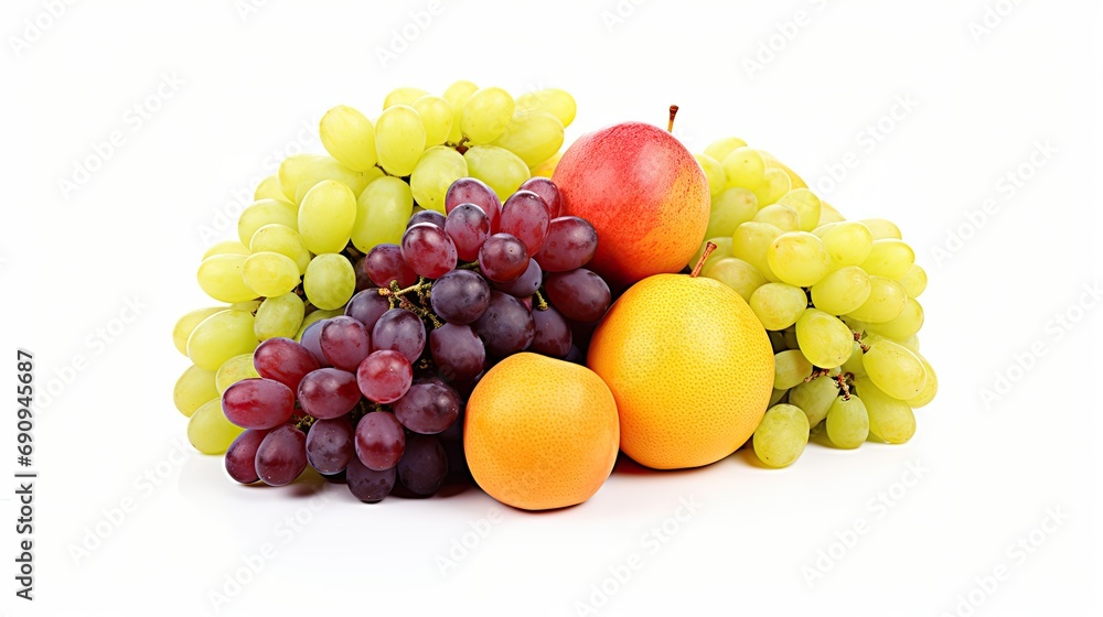 Assorted fresh fruits with grapes, apple, and oranges isolated on a white background.