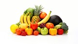 Assorted fresh fruits and vegetables on a white background, showcasing a variety of colors and shapes, ideal for healthy eating concepts.