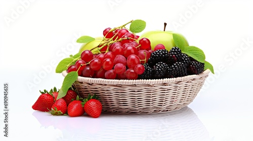 Fresh mixed fruits in a basket on a white background.