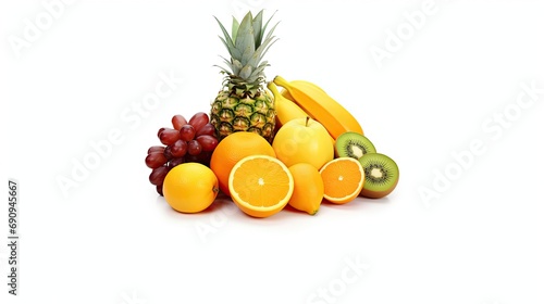 Assorted fresh fruits including pineapple  bananas  oranges  grapes  and kiwi on a white background.