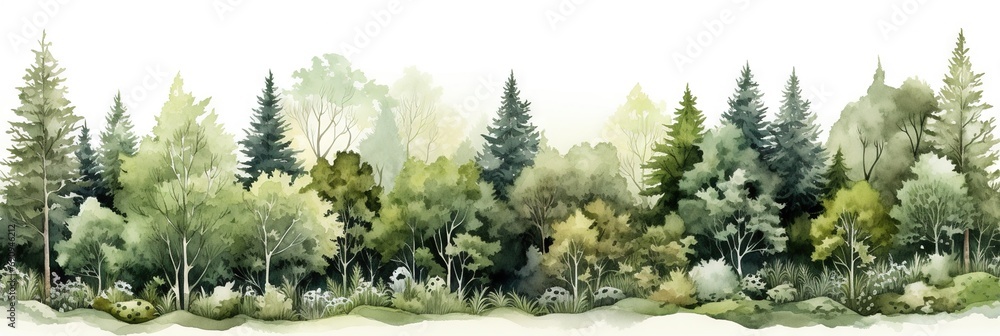 Fototapeta premium Watercolor nature forest with a seamless pattern landscape, isolated on a white background. Trees, branches, flowers.
