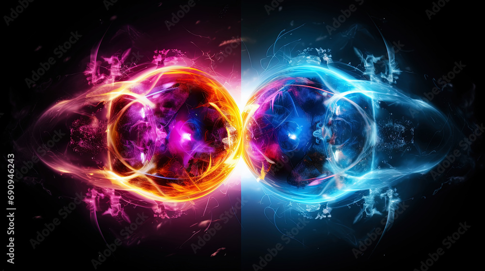 Obraz premium Subatomic proton particle collision. Nuclear fusion concept. Generative AI