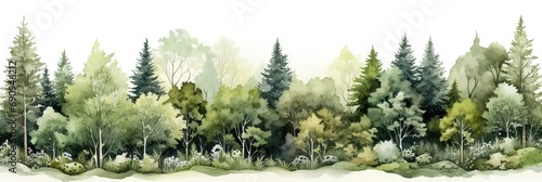 Watercolor nature forest with a seamless pattern landscape, isolated on a white background. Trees, branches, flowers.