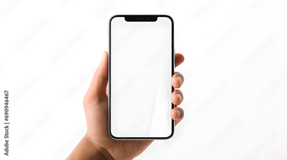 Hand holding mobile cell phone with blank screen for mockup design prototype isolated on a white background - obrazy, fototapety, plakaty 