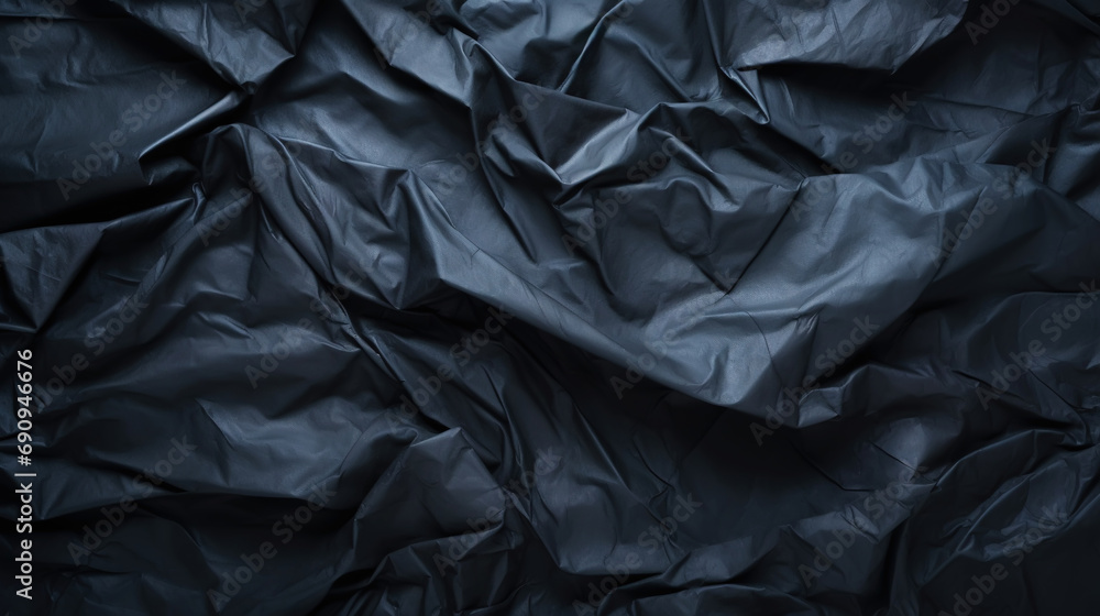 Black crumpled paper texture. Blank dark background with creases. Generative AI