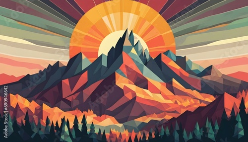 a mountain with a sunset in the background, symmetrical illustration, low polygons illustration. © Badr