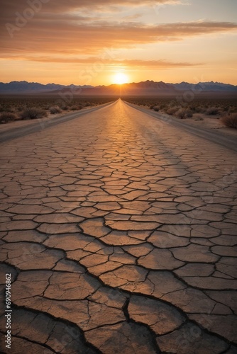 The road, cracked due to drought, earthquakes, against the background of sunset. Natural disaster in nature, climate, cataclysm, catastrophe concepts.
