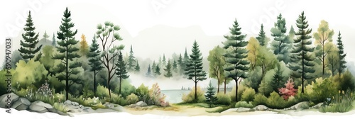 Watercolor nature forest with a seamless pattern landscape, isolated on a white background. Trees, branches, flowers.