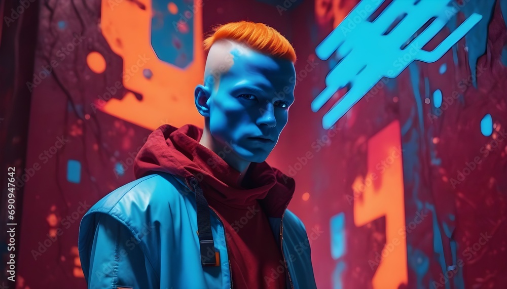 Obraz premium A portrait of An alien creature, His face blue with orange hair and a menacing look wearing a blue jacket, digital art, beautiful avatar pictures, cinematic shot epic portraits.