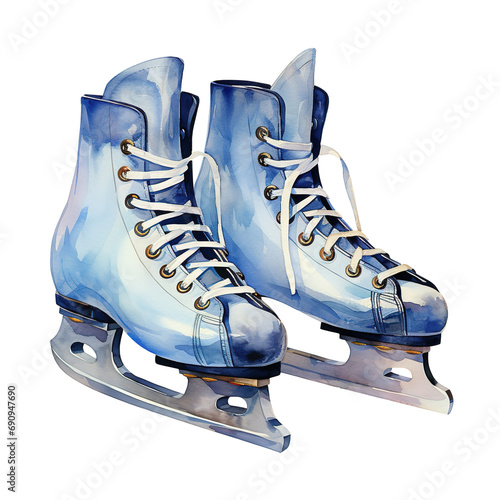 Ice Skates For Christmas Event. Watercolor Style. AI Generated