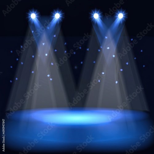 Idea for an online entertainment event. The setting for the concert. Blue spotlights on stage. Stage empty, blue spotlights on