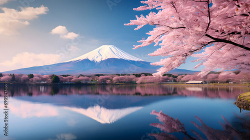 Mount Fuji mountain with cherry blossom in the foreground
