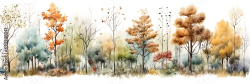 Wallpaper Mural Watercolor nature forest with a seamless pattern landscape, isolated on a white background. Trees, branches, flowers. Torontodigital.ca