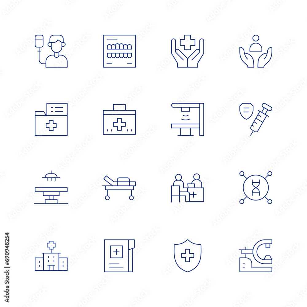 Medical line icon set on transparent background with editable stroke. Containing patient, folder, surgery room, hospital, x ray, medical kit, medical bed, medical history, care, safety, genetic.