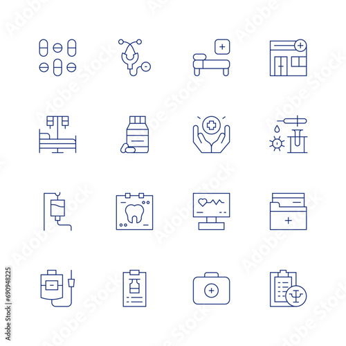 Medical line icon set on transparent background with editable stroke. Containing pills, hospital bed, blood transfusion, blood bag, stethoscope, medication, x rays, medical report, medical clinic.