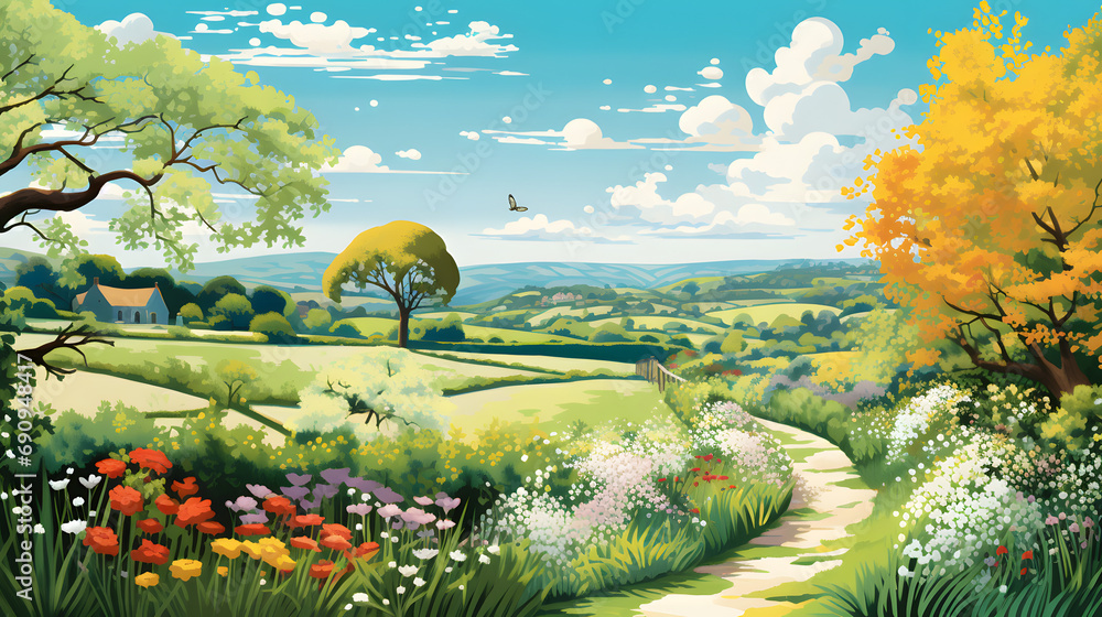 Illustration of a English countryside with fields in the background