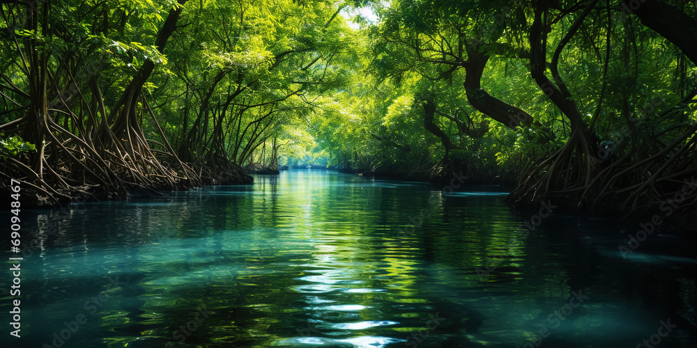 Obraz premium Mangrove forest and calm river in the morning. Minimalist landscape. Generative AI