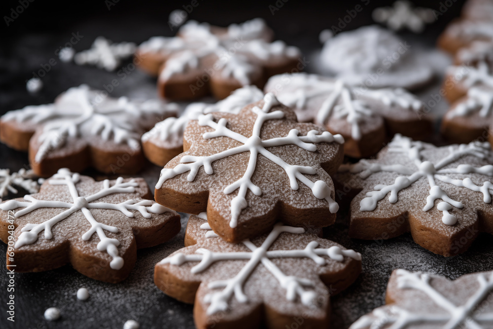 Closeup Christmas gingerbread cookies with a dusting of powdered sugar Closeup Christmas gingerbread cookies with a dusting of powdered sugar