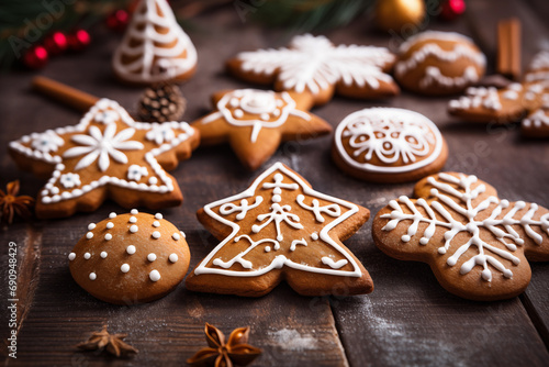 Christmas gingerbread cookies in various holiday shapes. A variety of gingerbread treats beautifully arranged on a table, closeup