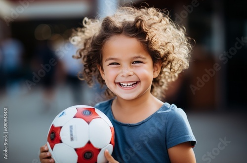 Smiling girl with soccer ball in sunlight