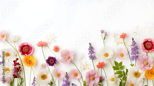 Wild flowers on a pure white background, valentine's day, easter, birthday, happy women's day, mother's day, flat lay, top view, copy space 