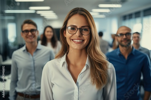 Portrait of a woman with glasses an office employee smiling successful people in business are standing together looking at the camera