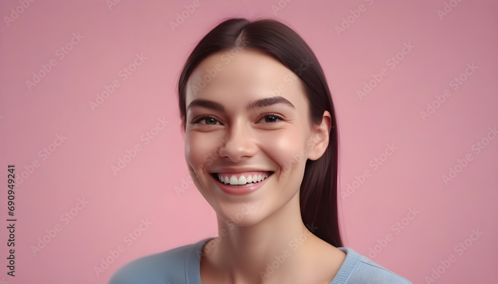 Happy woman with brown hair smiling against pink background. Generative AI Happy woman with brown hair smiling against pink background. Generative AI