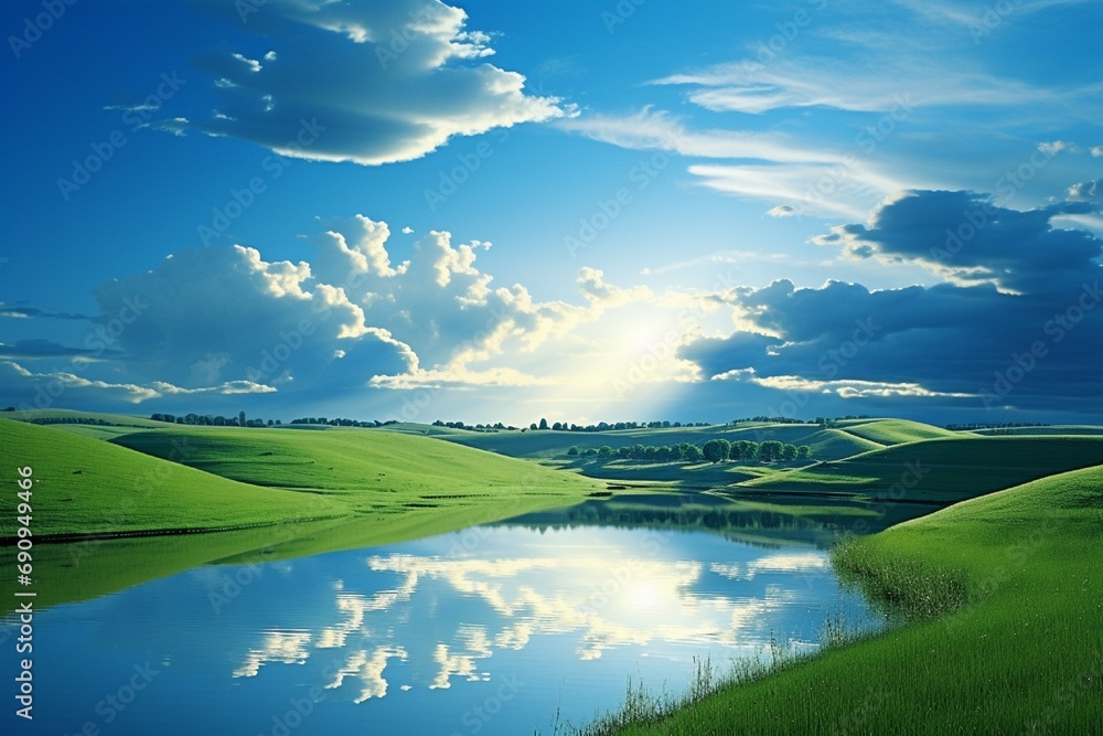 A serene landscape with rolling hills and a crystal-clear lake reflecting the sky. Sunlight gently kissing the scene.