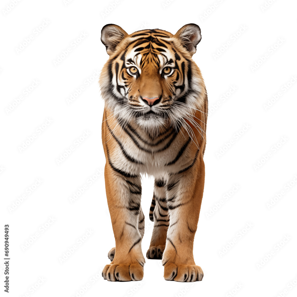 Tiger prowling, approaching and looking at the camera, isolated . AI generated content