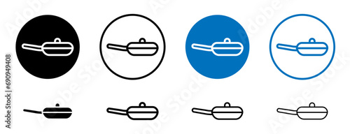 Frying pan line vector illustration set. Cooking fry pan in black and blue color. photo