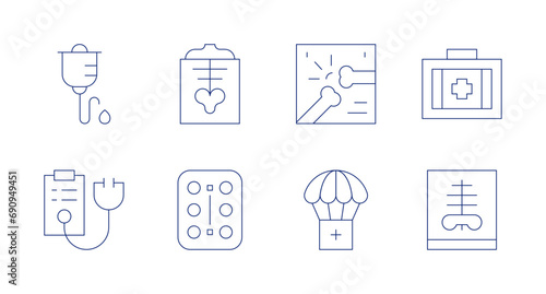 Medical icons. Editable stroke. Containing intravenous therapy, diagnosis, skeleton, medication, medical kit, x ray, bone, supplies.