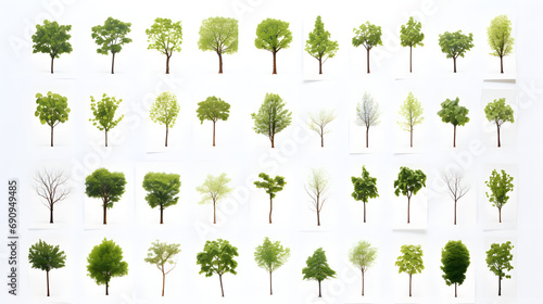 Set of green trees isolated on white background