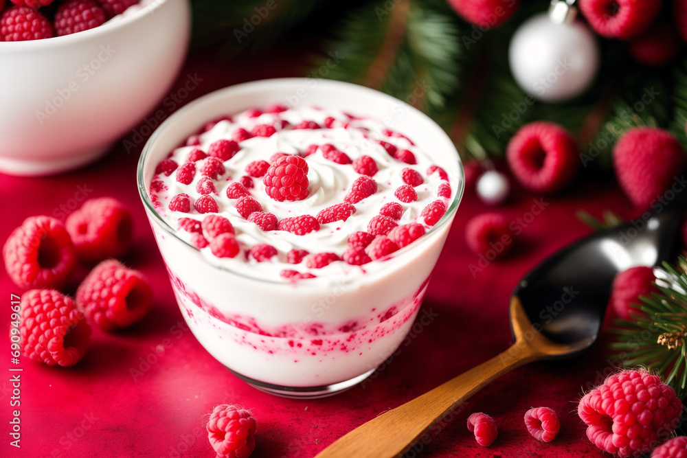 Strawberry yogurt in a white bowl.Yogurt with fresh blackberries, raspberries. Generative AI Strawberry yogurt in a white bowl.Yogurt with fresh blackberries, raspberries. Generative AI