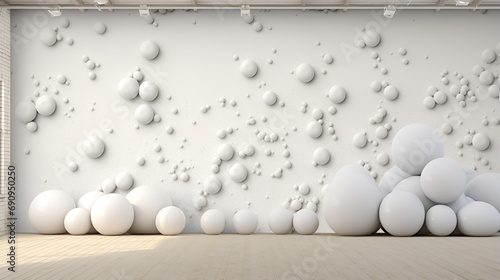 3d Render Of White Ball And Balloon On An Abstract Geometric. Gray textured bubbles. gray background, hard light. abstract illustration.AI Generative 