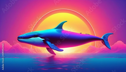 A whale jumping out of the water with a rainbow in the background, sunrise, 2d gouache illustration.
