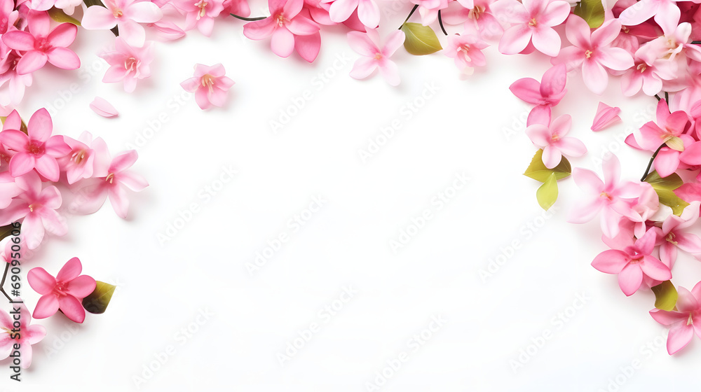 Pink jasmine spring flowers with copy space framed on a white background